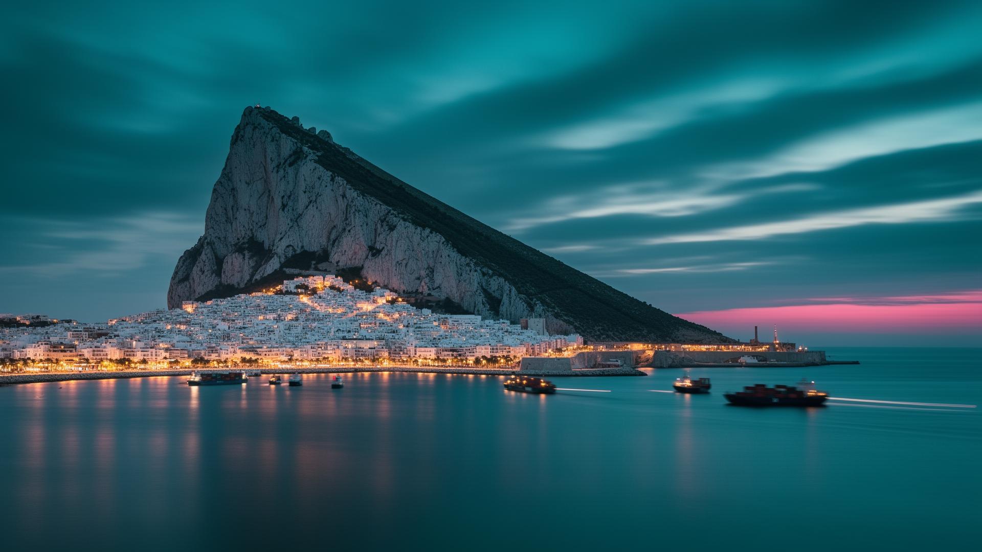 Long-exposure dusk view of the Rock of Gibraltar with light trails along the coast